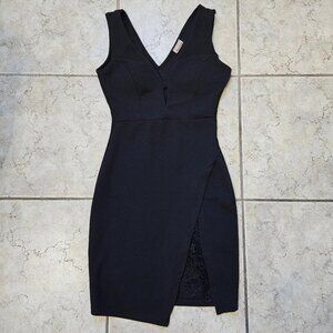 Fashion Magazine Mini Empire Dress Womens XS/S  Black Lace Slit Date Night Sexy